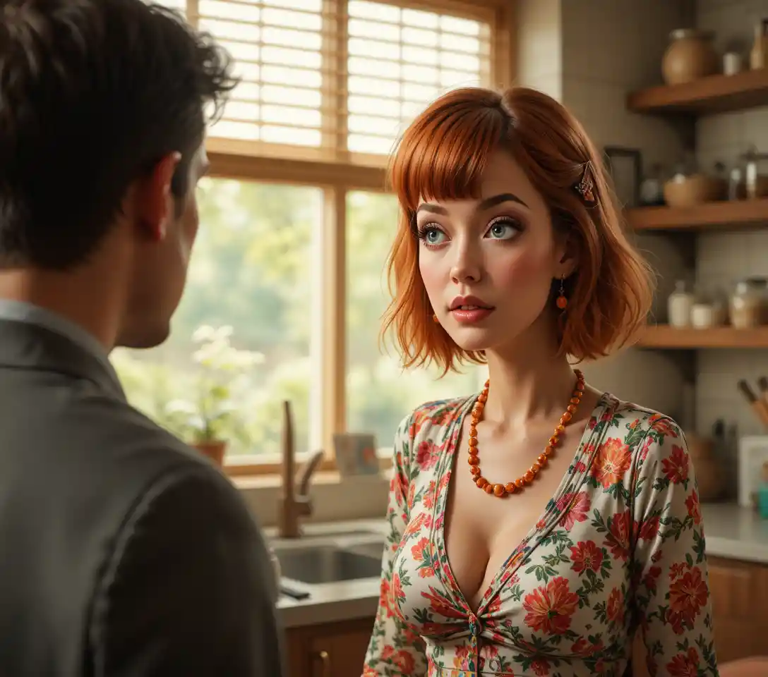 Concerned red haired woman talking in a sunlit kitchen
