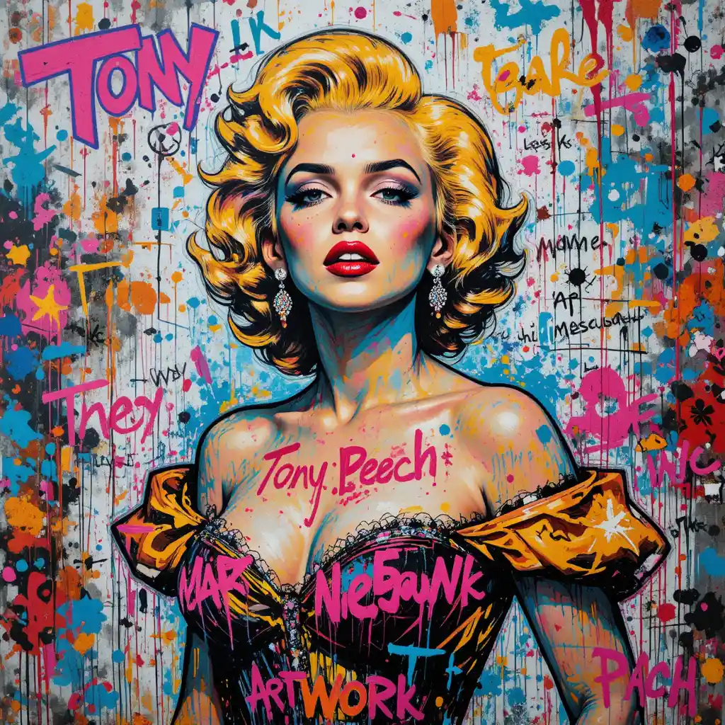 Colorful street art portrait of Marilyn in royal gown