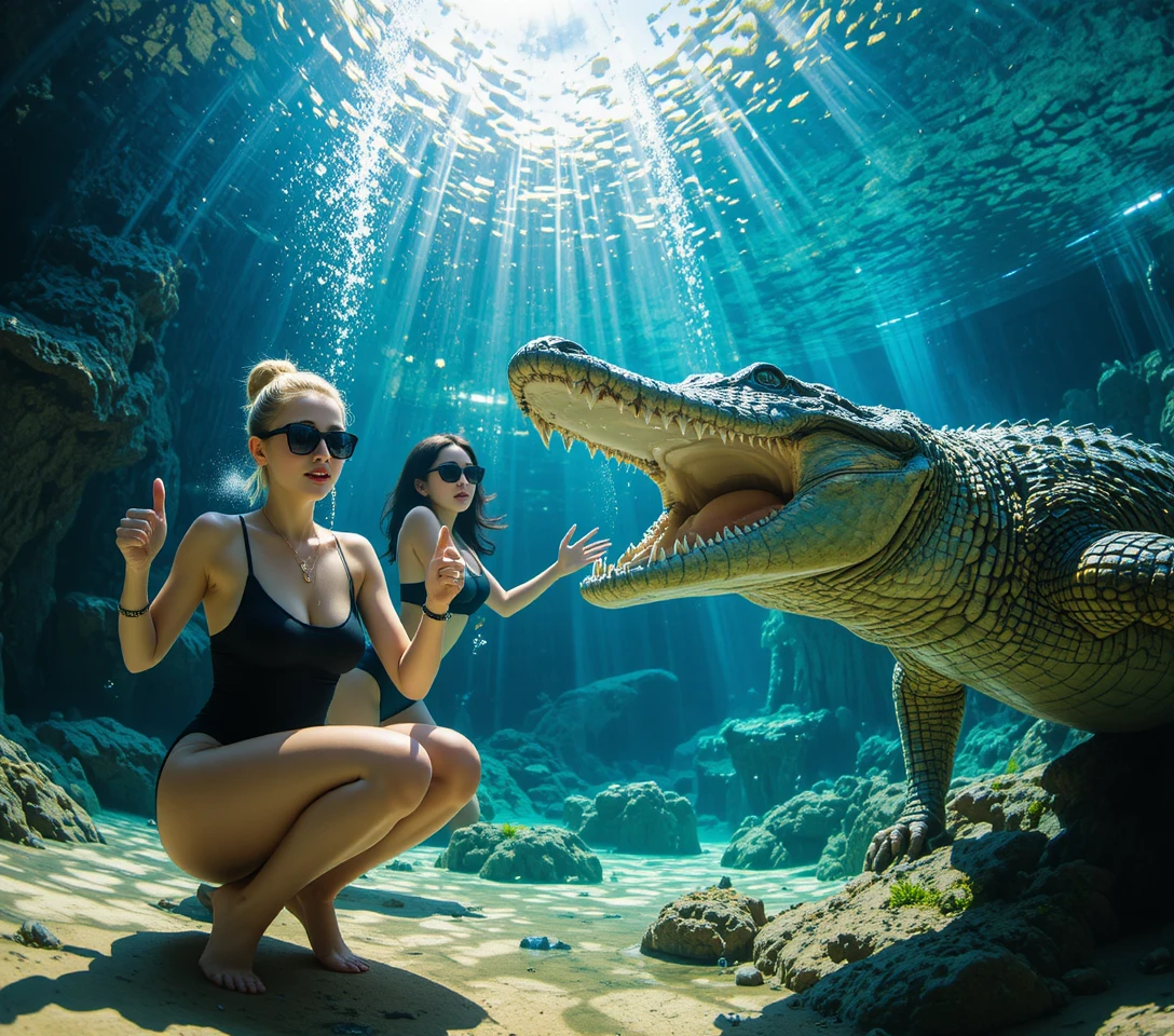 Two women in swimsuits underwater beside a large crocodile