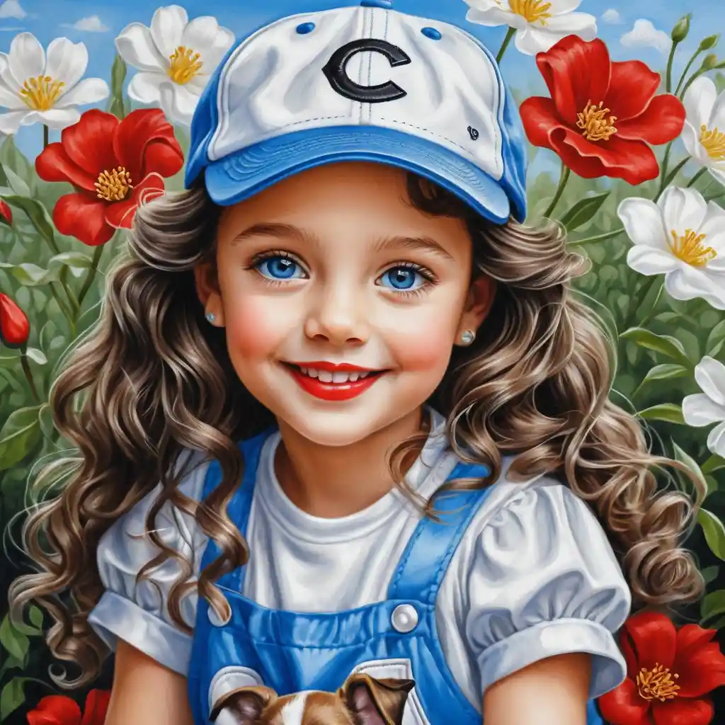 Smiling spring girl with puppy in shiny silver outfit