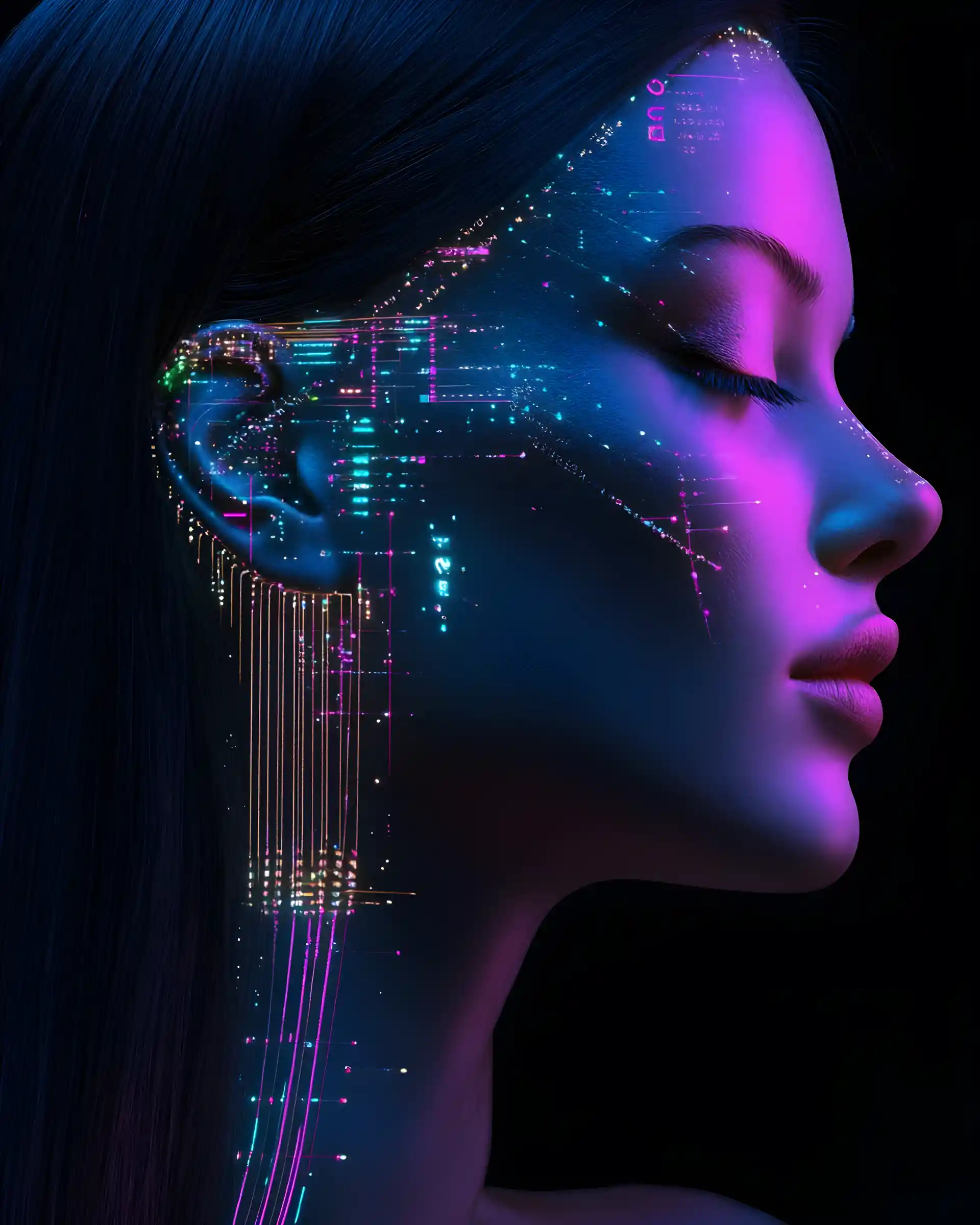 Cybernetic woman portrait with shimmering diamond hair