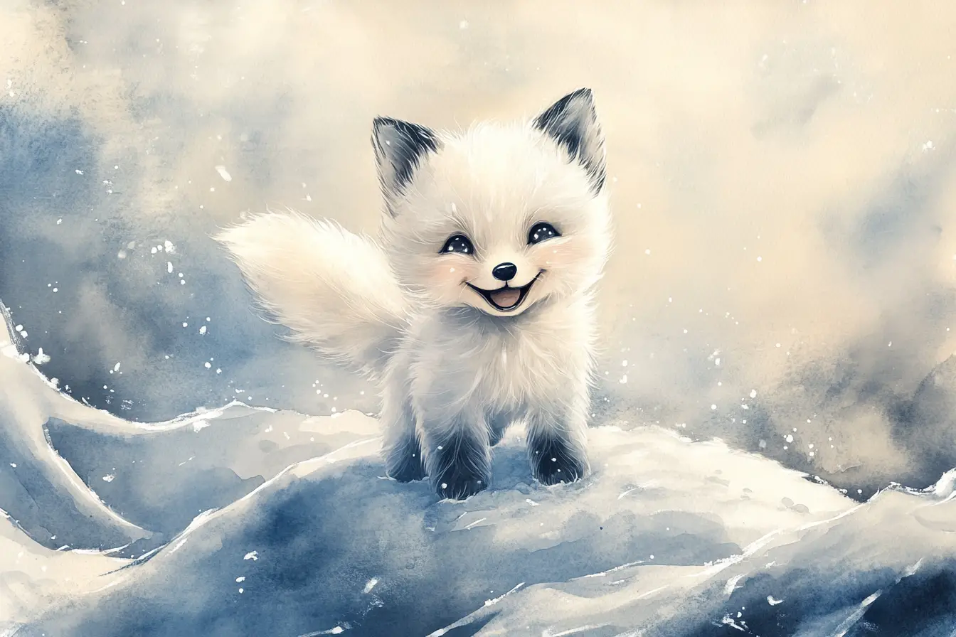 Cute baby arctic fox watercolor on snowy winter hill