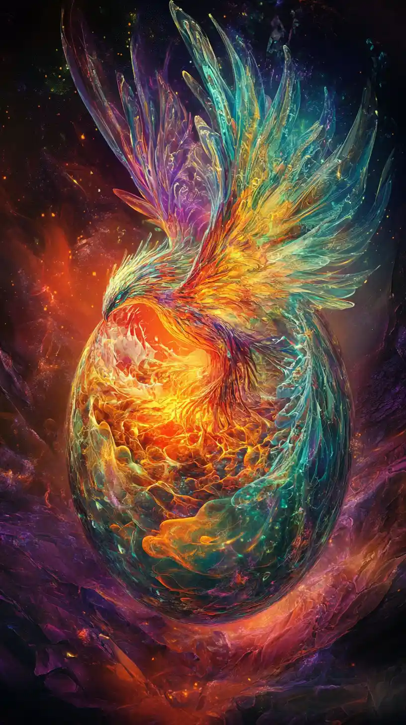 Mystical creature emerging from a radiant glowing egg