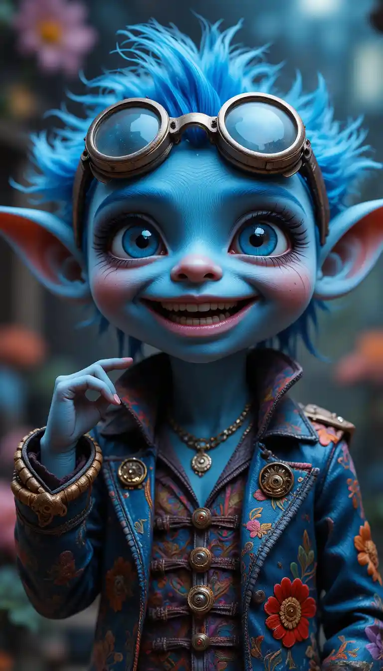 Cute blue fantasy creature scientist with steampunk glasses