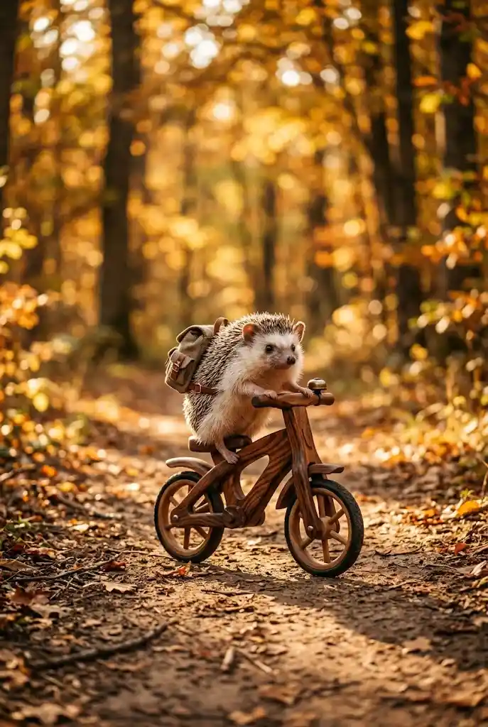 Whimsical Hedgehog Riding A Wooden Bicycle At Sunset