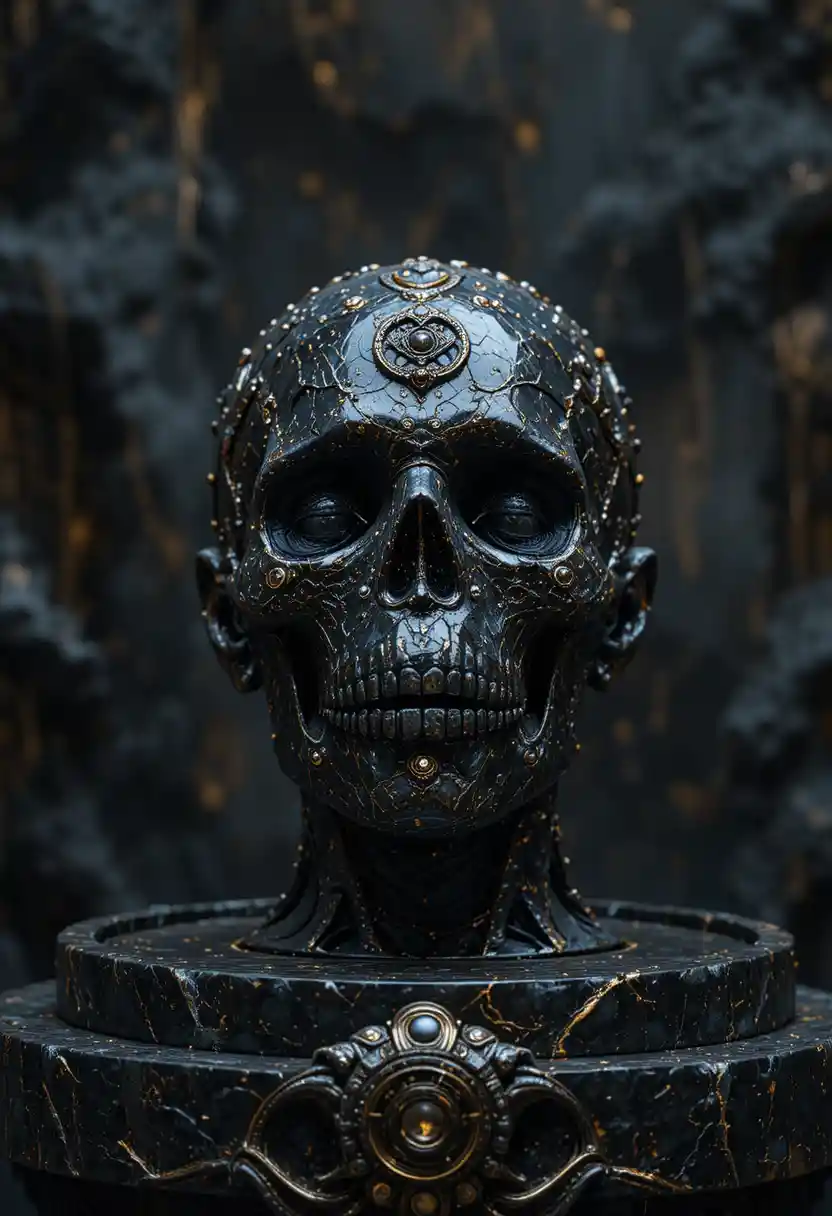 Mystical earth like skull displayed on obsidian altar