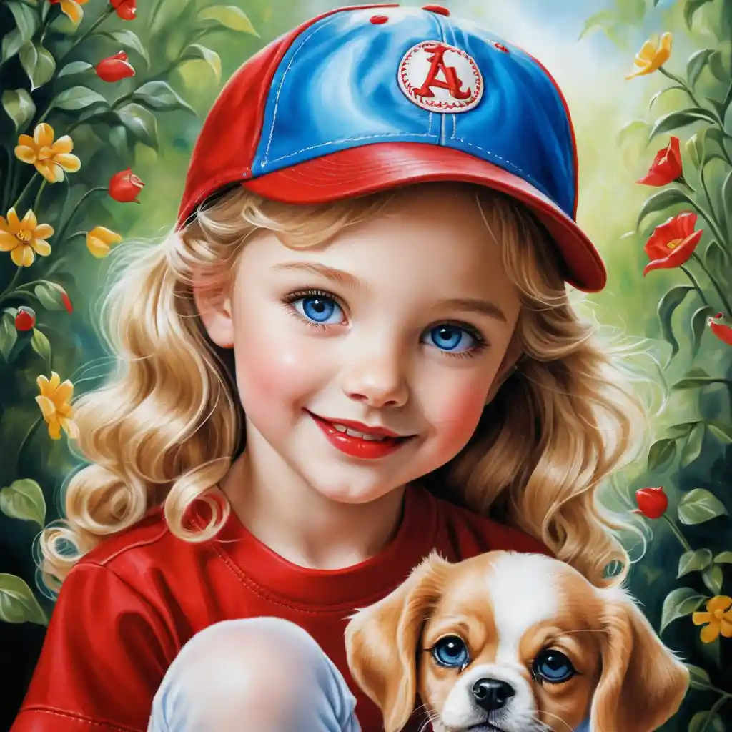 Chica rubia sonriente con cachorro y llamativo atuendo rojo