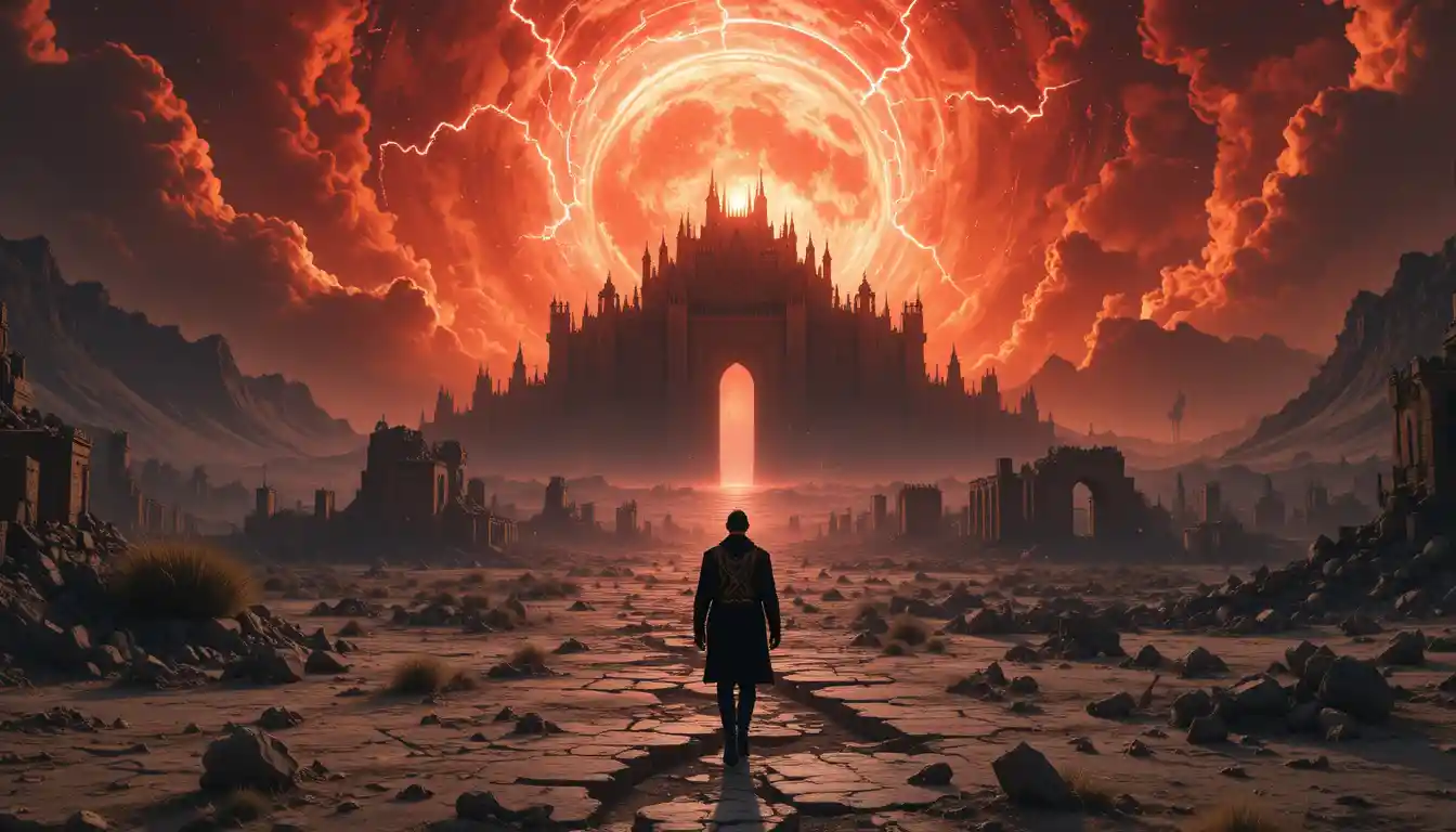 Lone survivor walking through a ruined apocalyptic earth