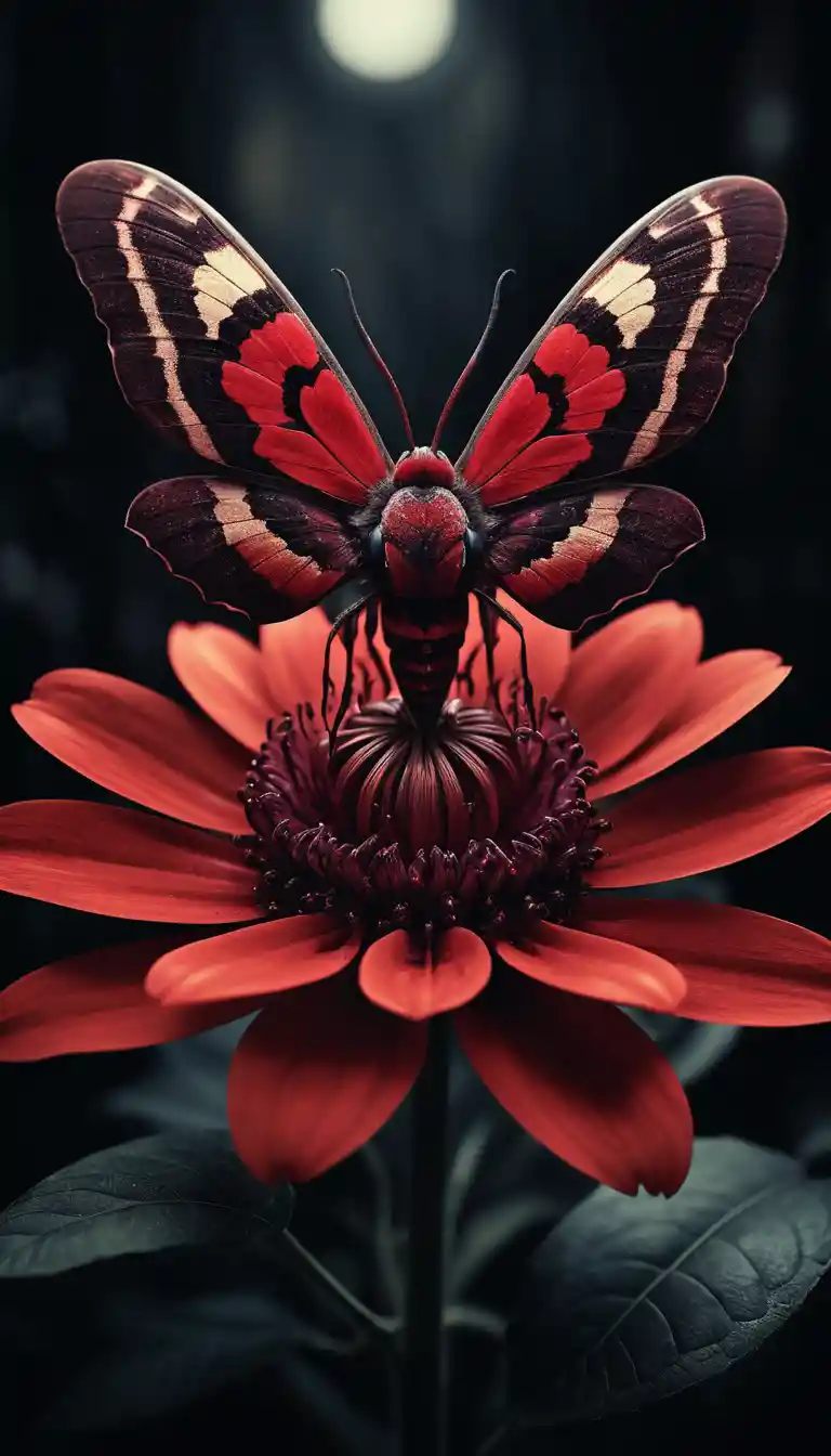 Hawk moth on twisted crimson flower in surreal candlelight
