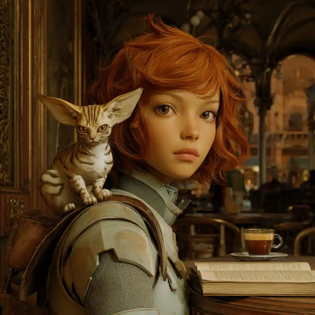Red haired anime woman reading in an old italian cafe