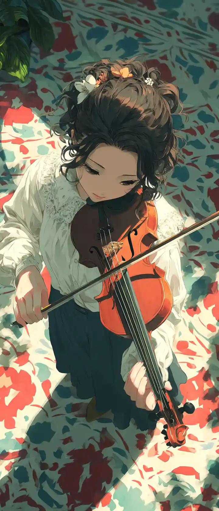 Anime-Geiger spielt in einem farbenfrohen, sonnendurchfluteten Atelier
