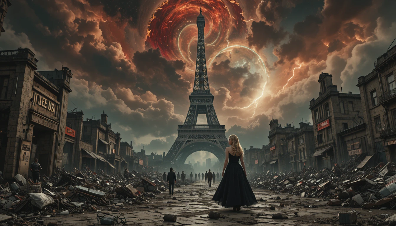 Donna gotica che cammina tra le rovine delle strade apocalittiche di Parigi