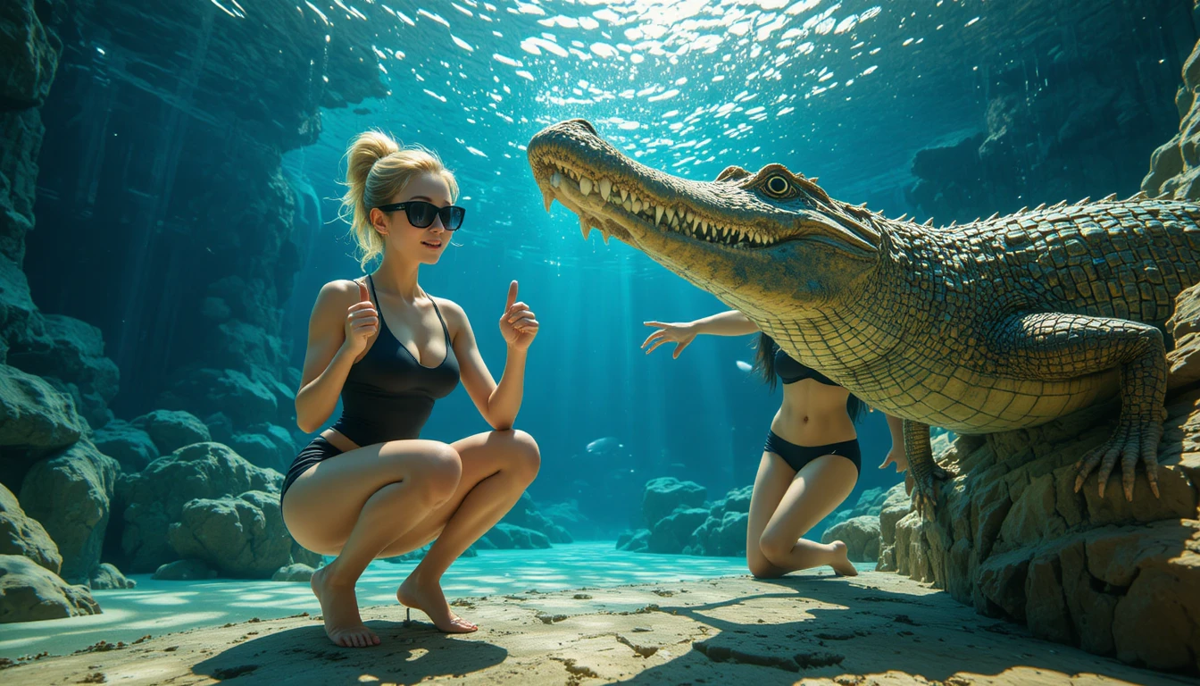 Two women in swimsuits pose underwater with a crocodile