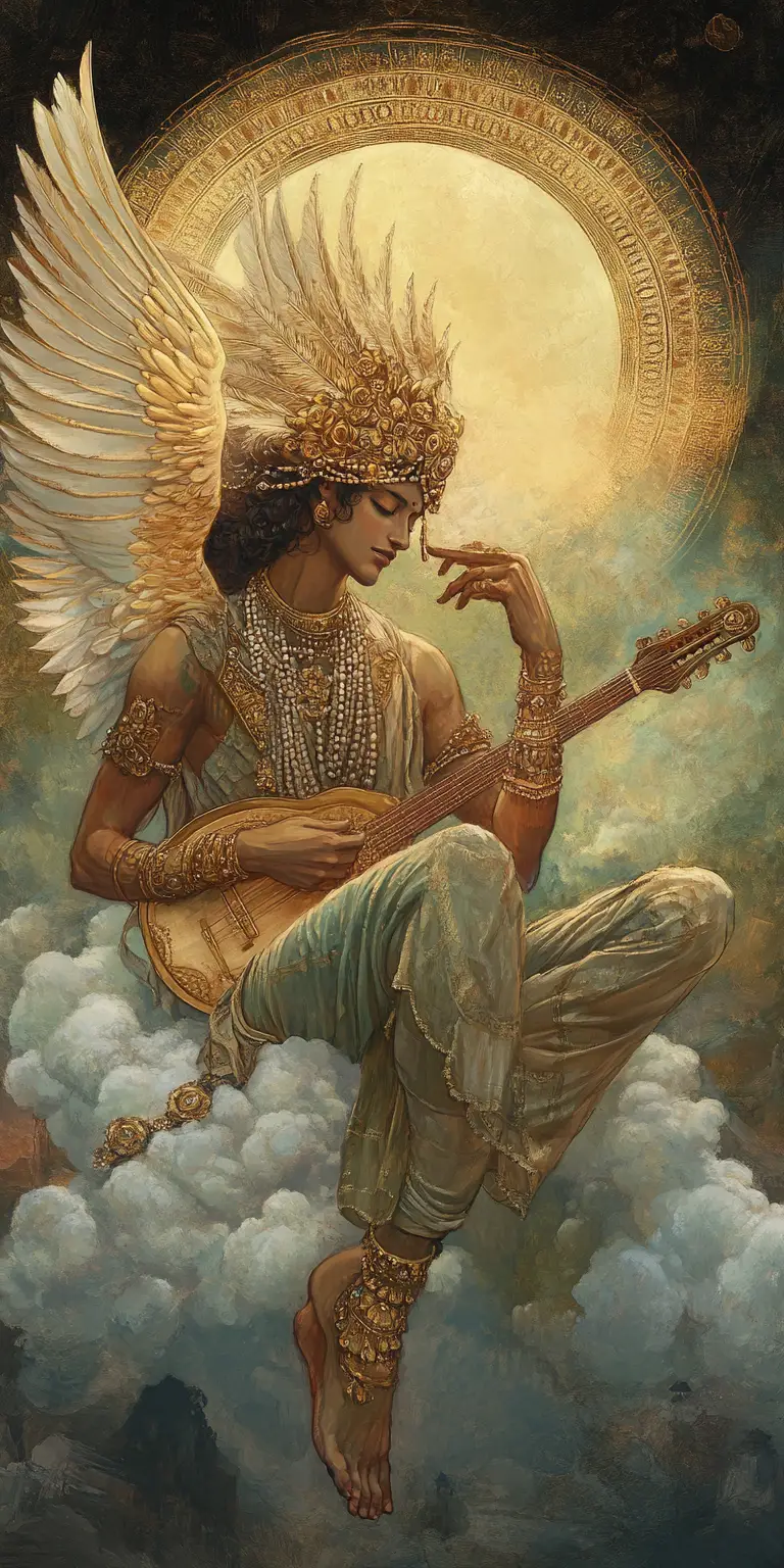 Majestic winged harpy playing lute on glowing cloud