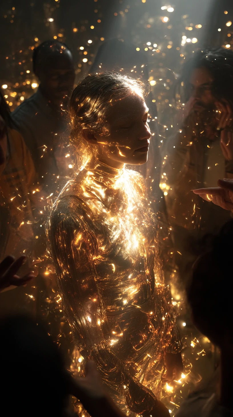 Person Transforming Into Radiant Golden Light Before Awestruck Crowd