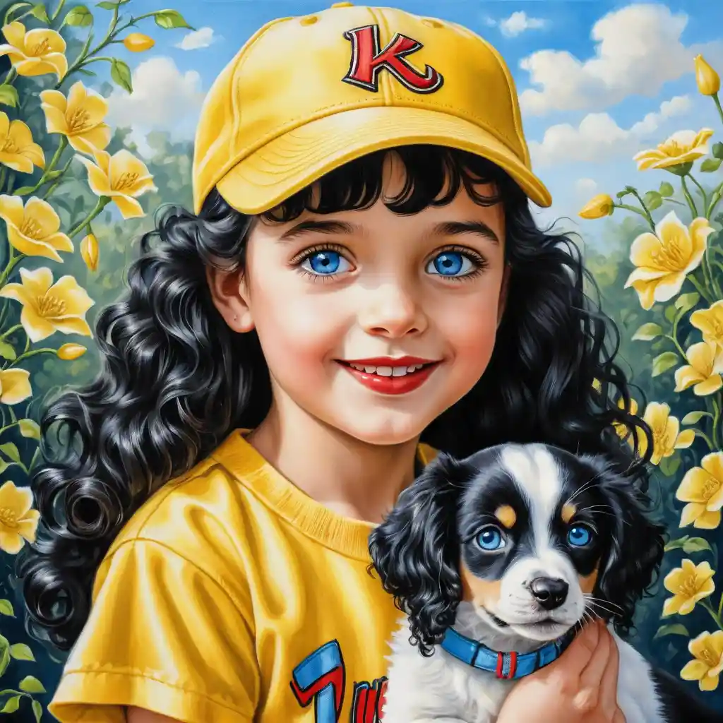 Bambina sorridente in giallo con cagnolino in primavera