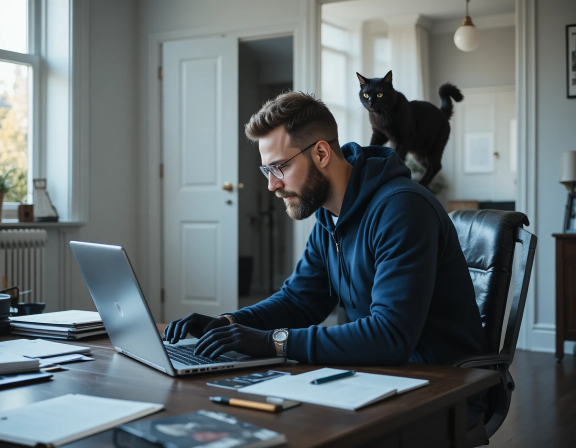 Man working from home at laptop in modern office