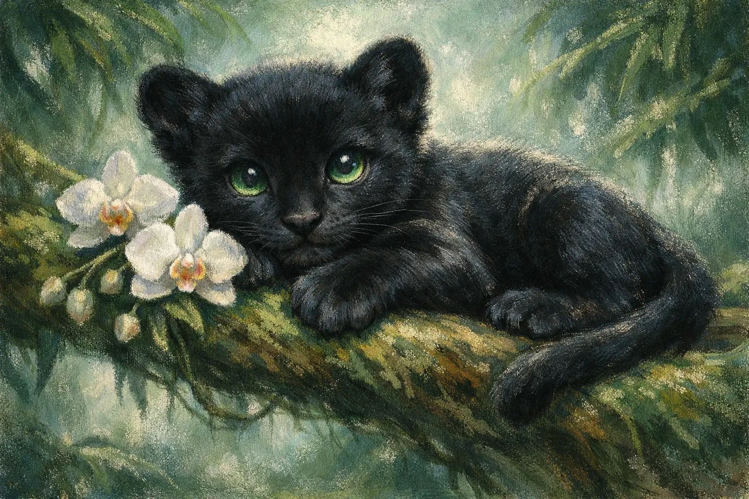 ジャングルの木の枝で休む赤ちゃんブラックパンサー
