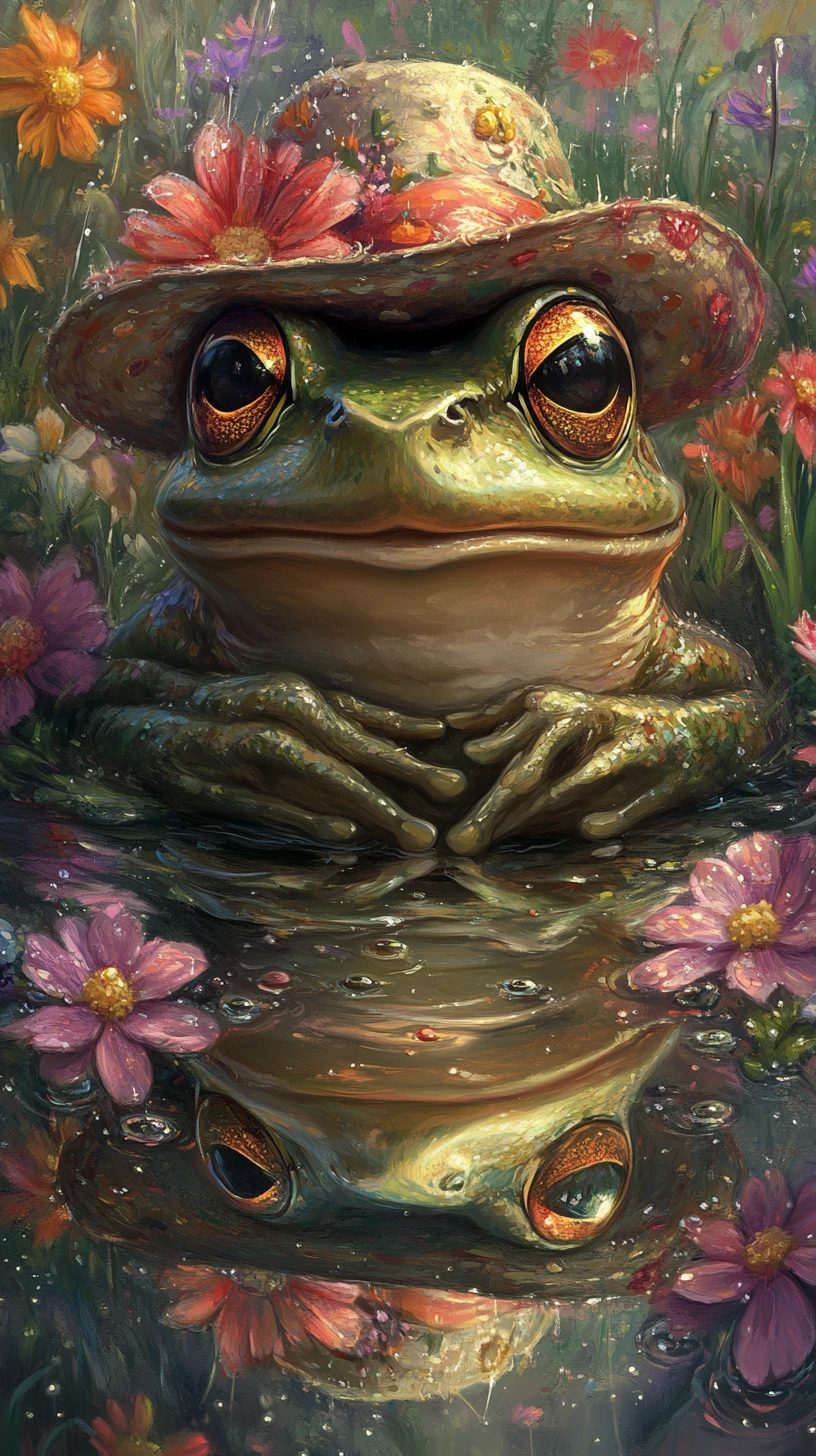 Victorian frog in a flowered meadow by a reflective puddle