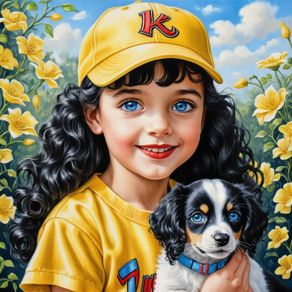 Smiling girl in yellow outfit with puppy in springtime