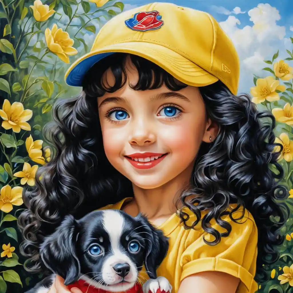 Smiling curly haired girl with puppy in yellow spring outfit