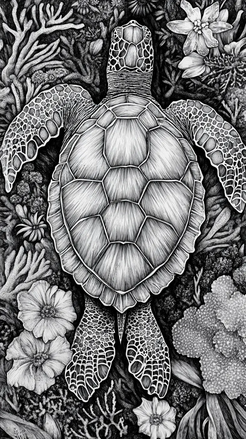 Monochrome engraving of a sea turtle with coral and birds