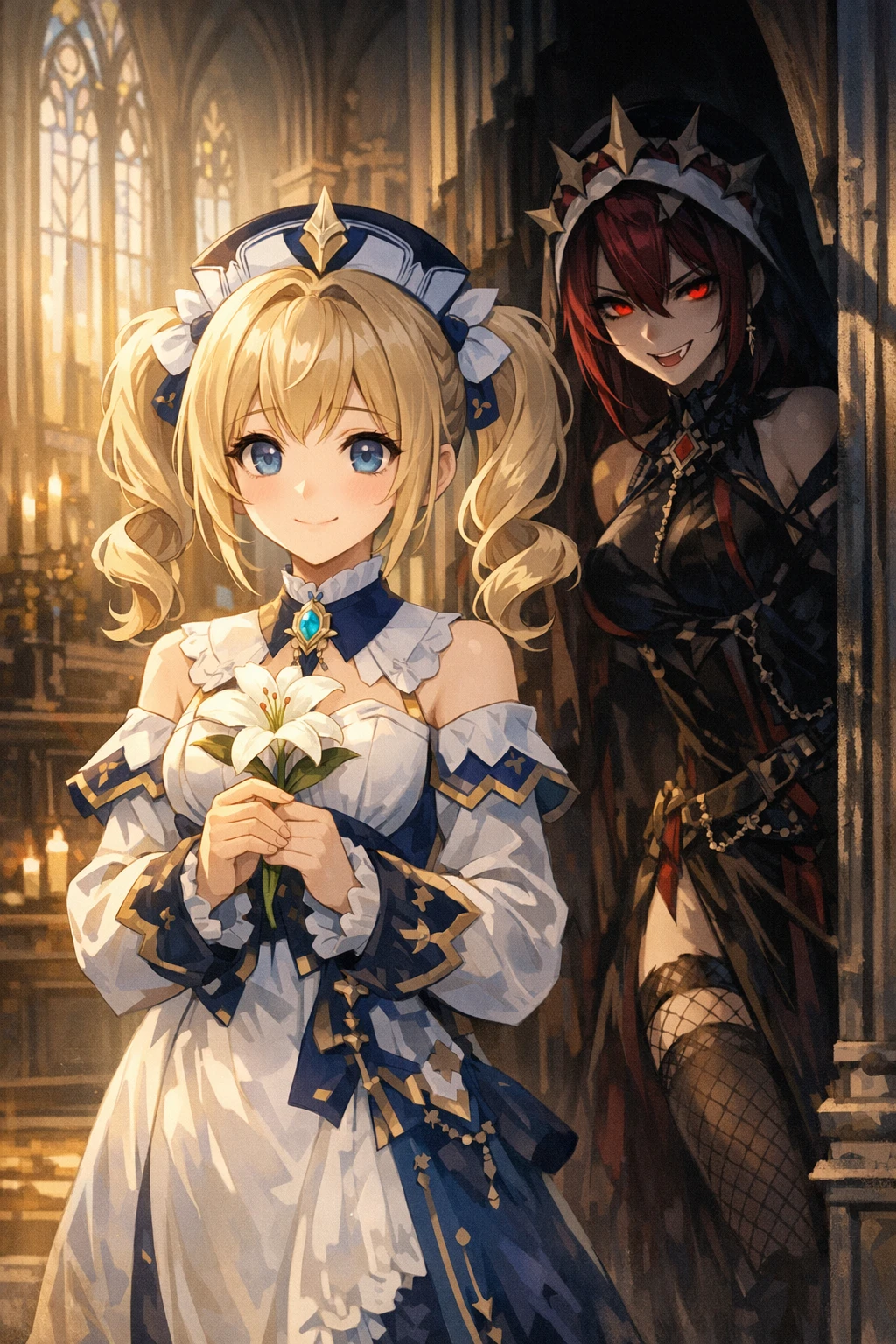 Ragazza anime innocente con un fiore in una cattedrale gotica