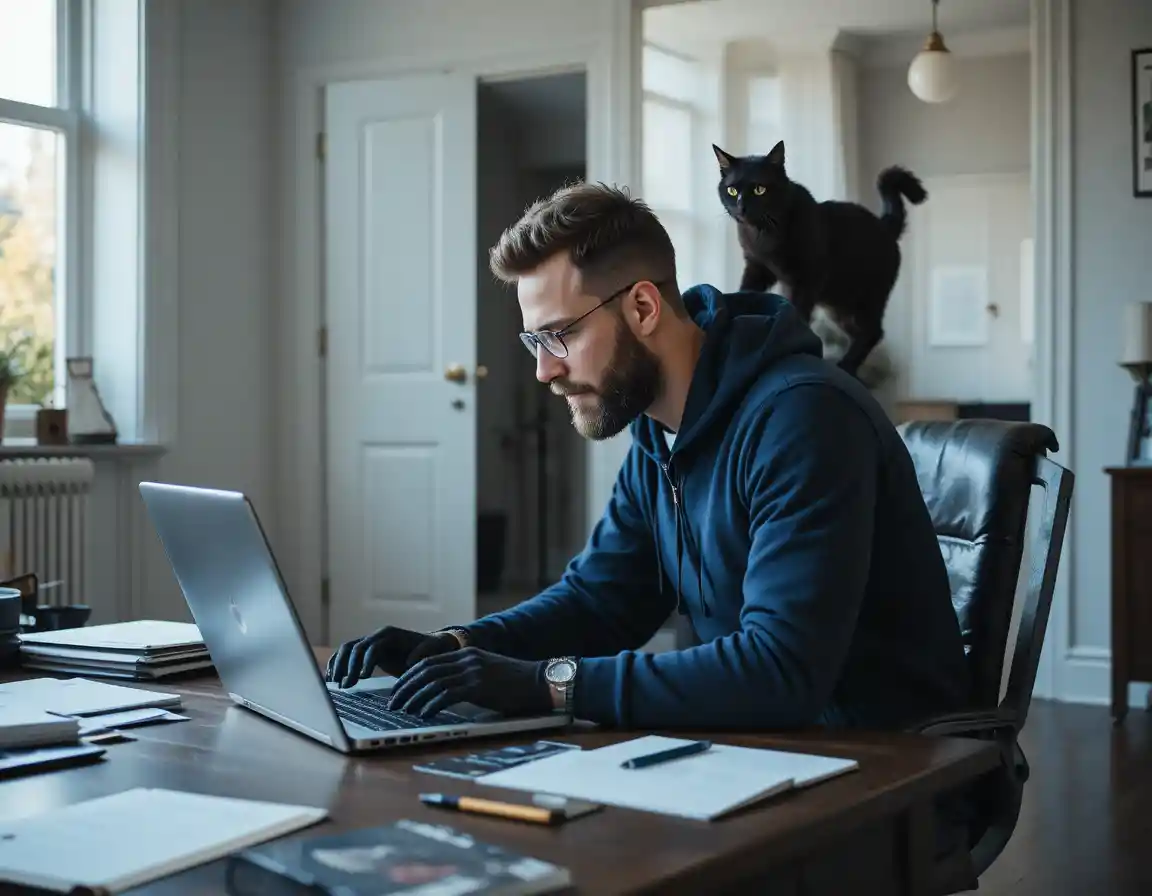 Man working from home at laptop in modern office