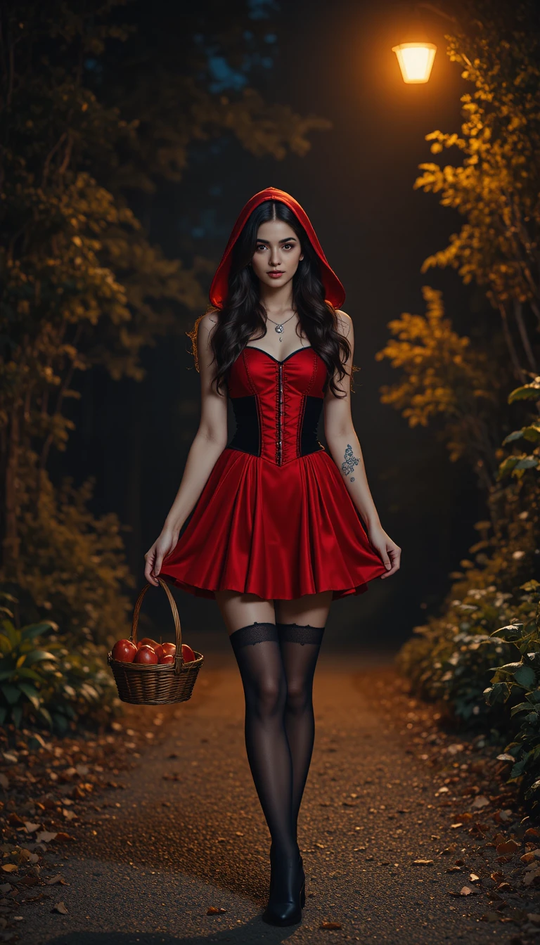 Young woman in red hood walking on dark forest path