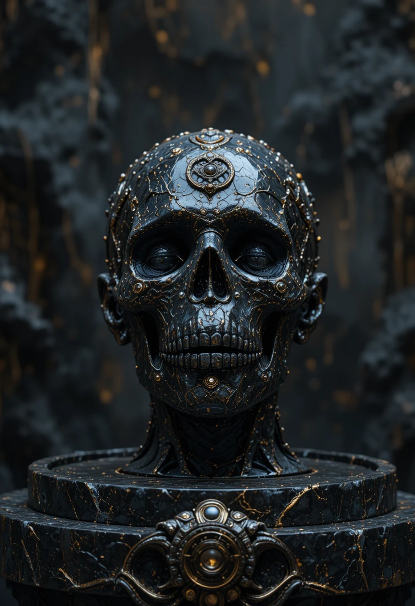 Mystical earth like skull displayed on obsidian altar