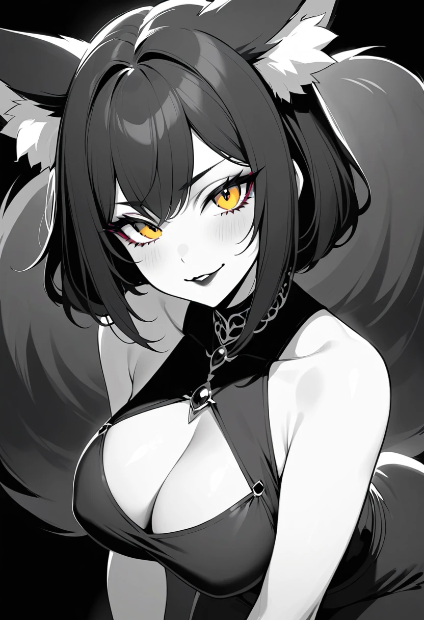Gothic fox woman with glowing eyes in close up portrait