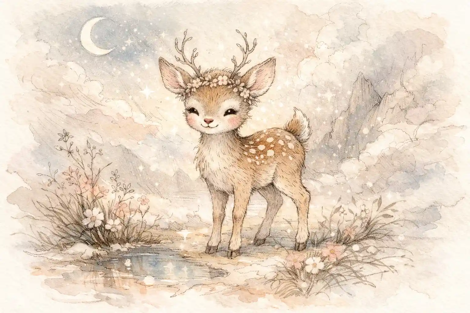Smiling Baby Deer In Elegant Pen And Watercolor Illustration