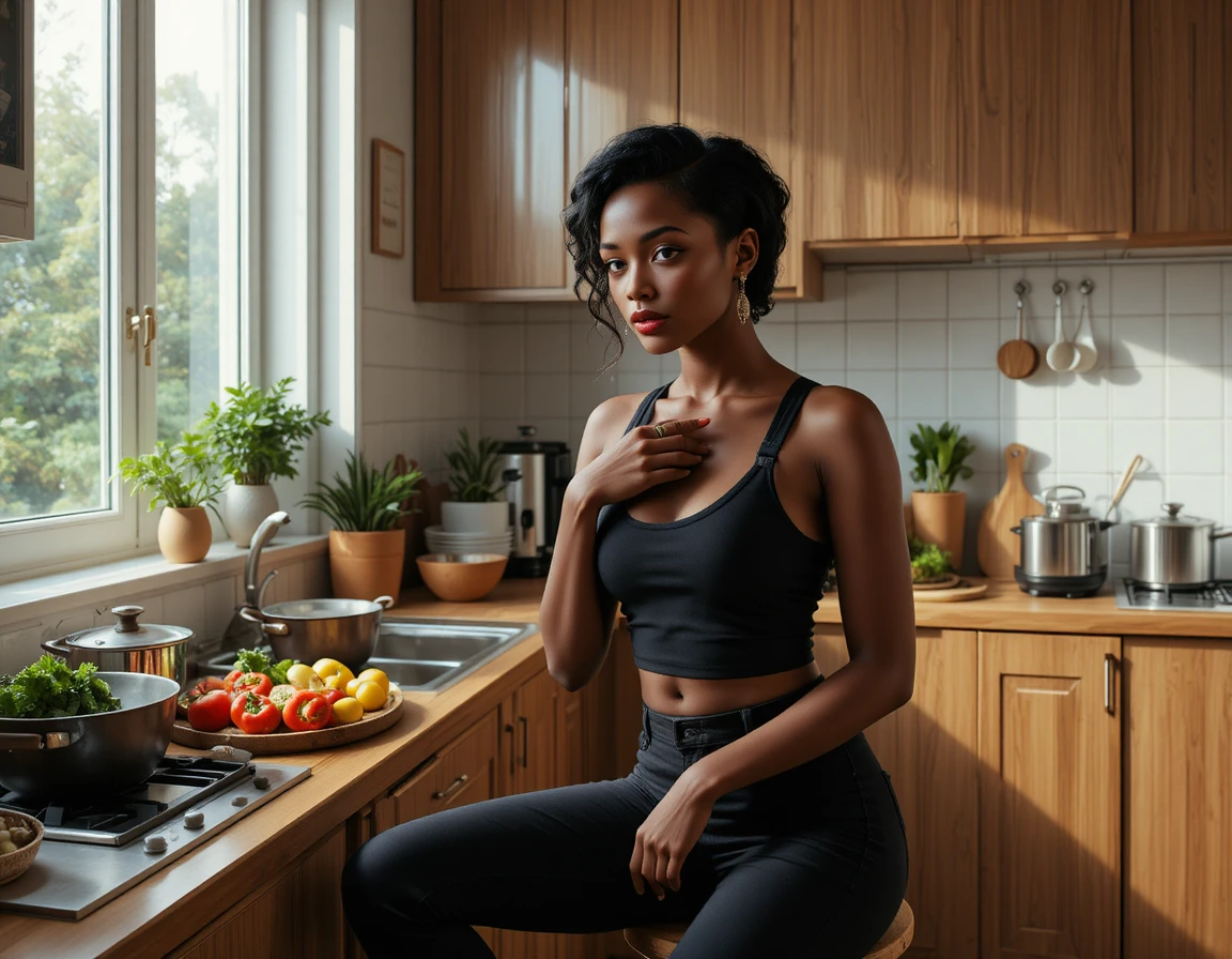 Black woman cooking in a modern sunlit kitchen