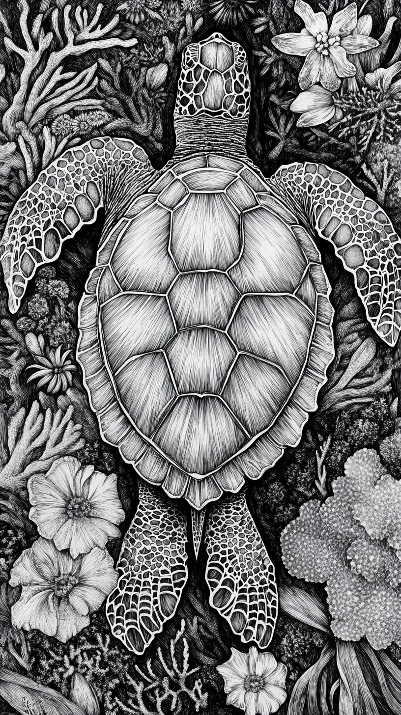 Monochrome engraving of a sea turtle with coral and birds