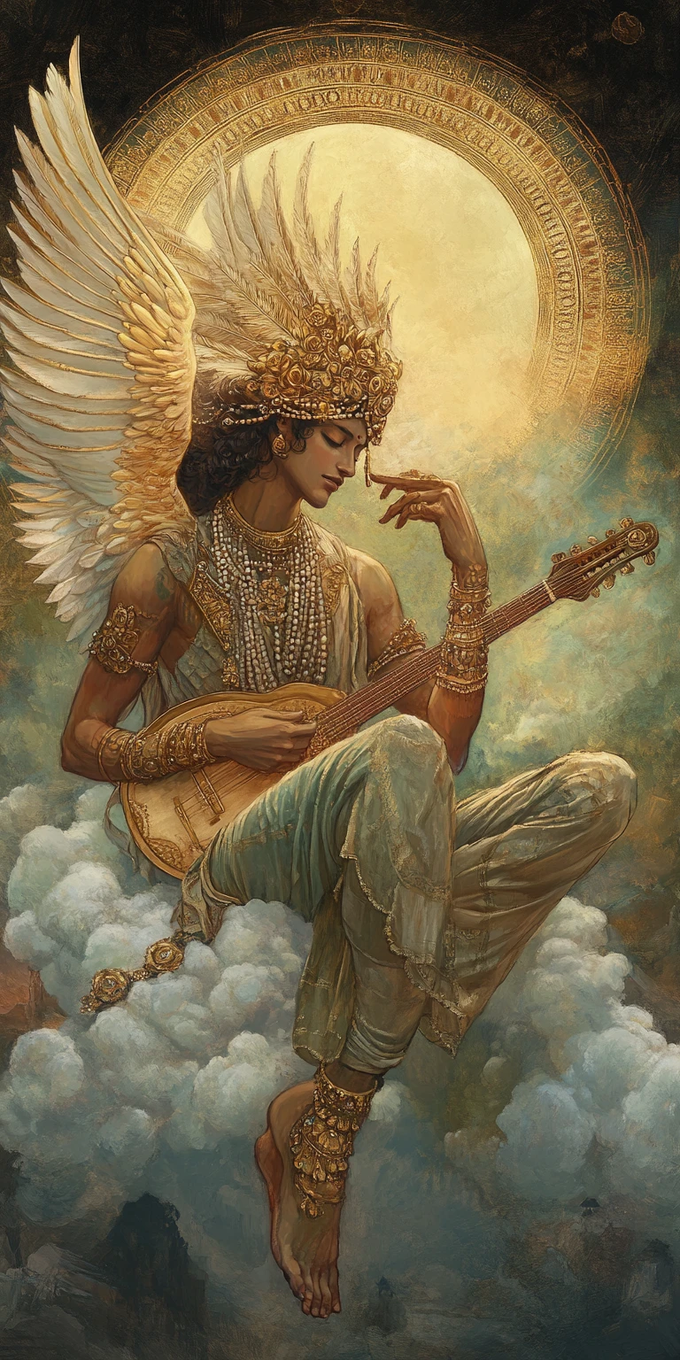Majestic winged harpy playing lute on glowing cloud