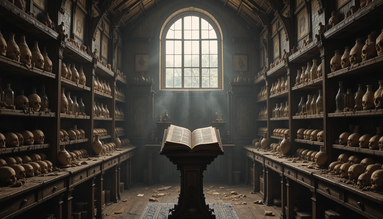 Symmetrical Alchemists Workshop With Ancient Book And Warm Light
