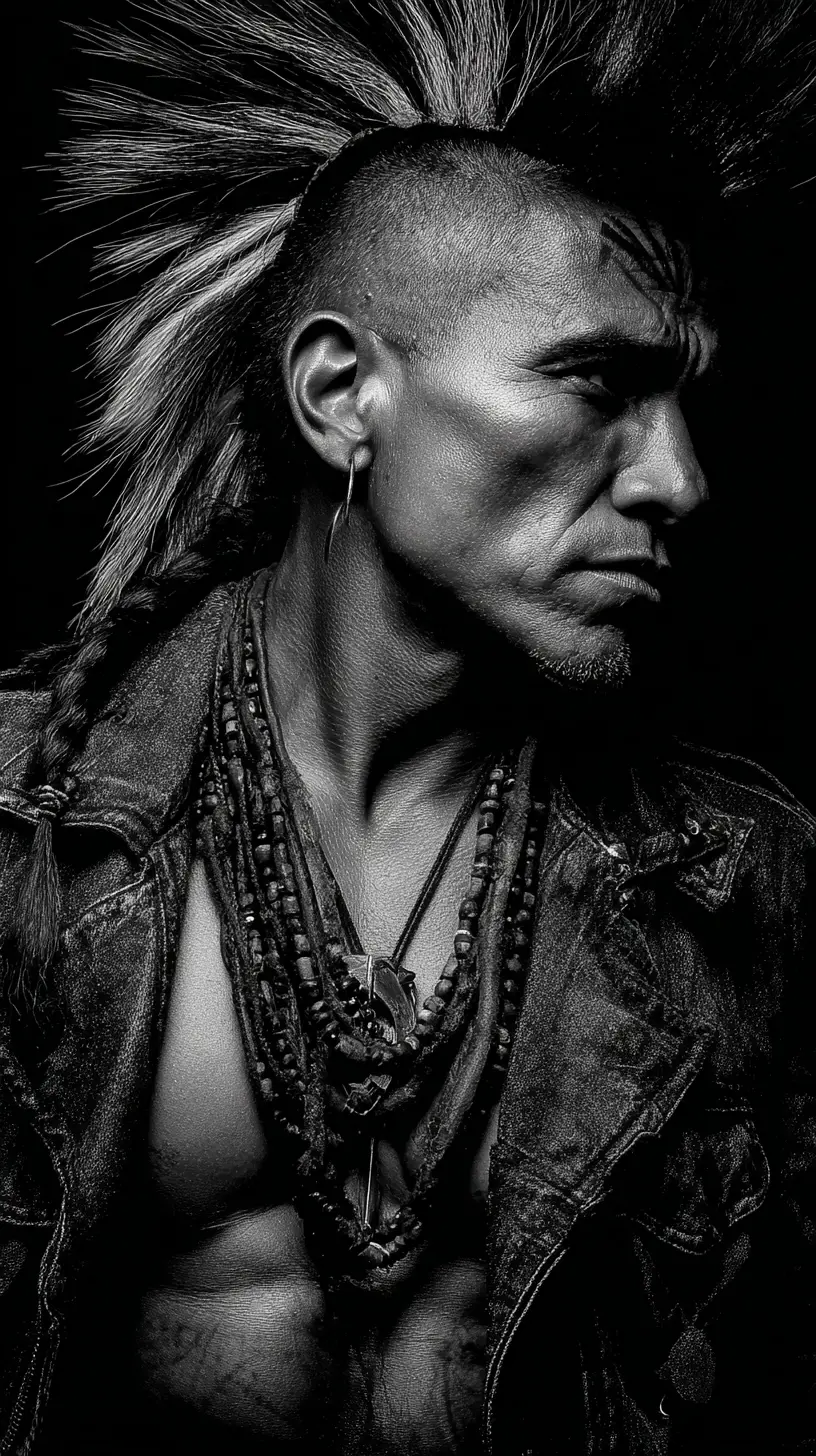 Proud muscular apache warrior in monochrome punk noir style