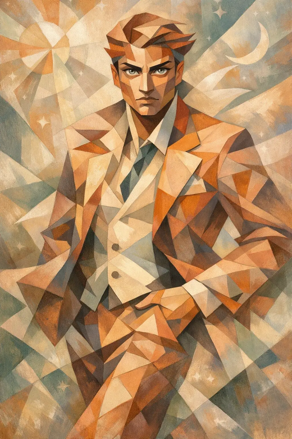 Cubist portrait of a confident man in geometric forms
