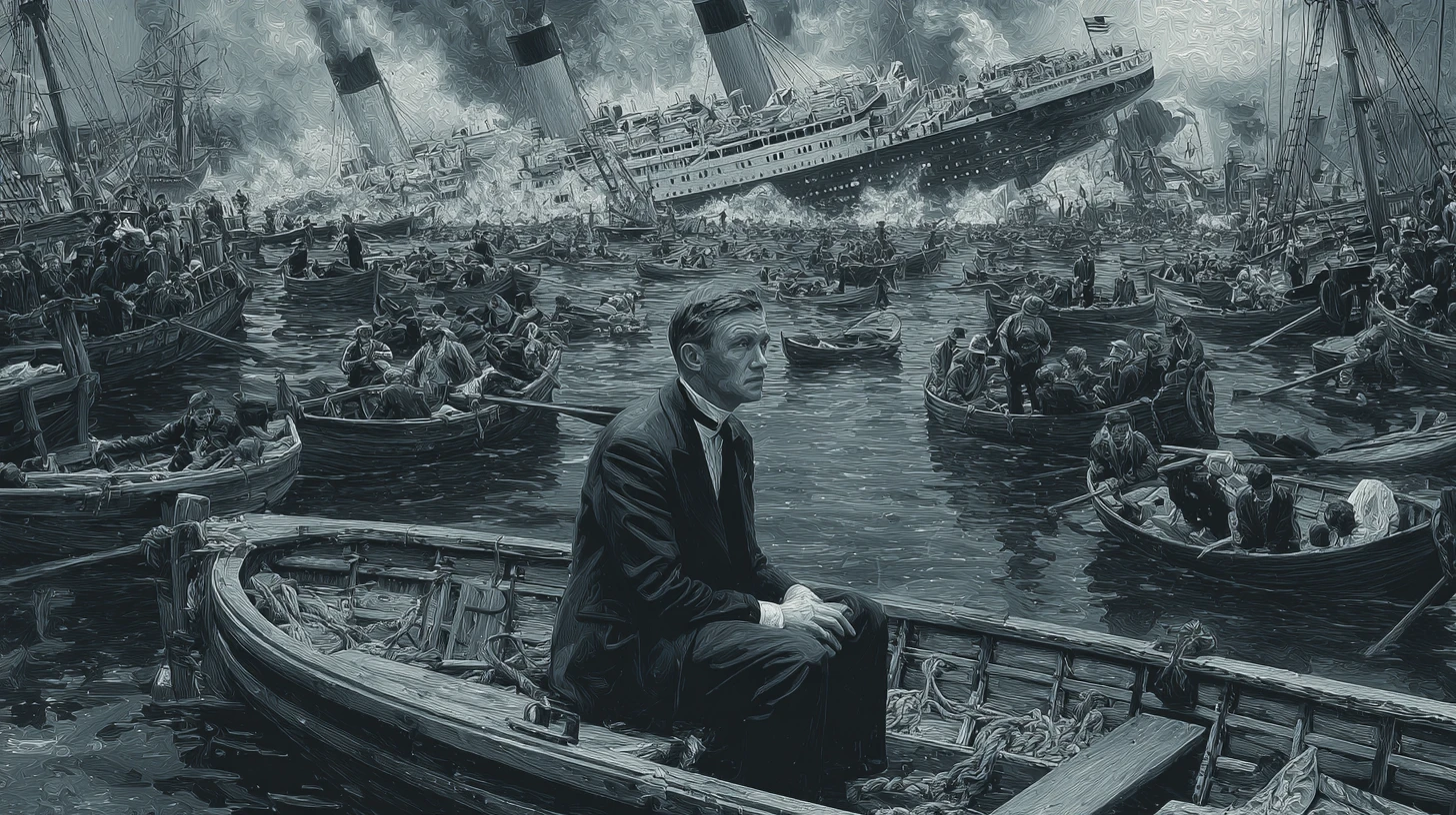 Crowded lifeboat watching the great ocean liner sink