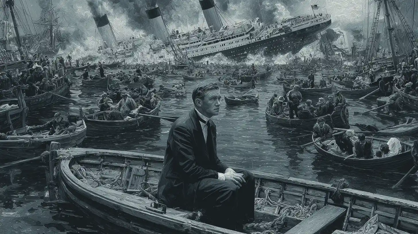 Crowded lifeboat watching the great ocean liner sink