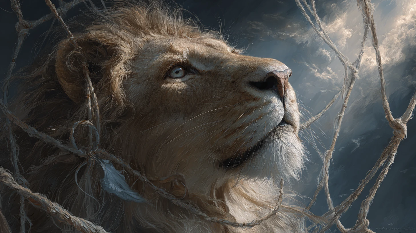 Lion Trapped In Rope Net Helped By Small Mouse