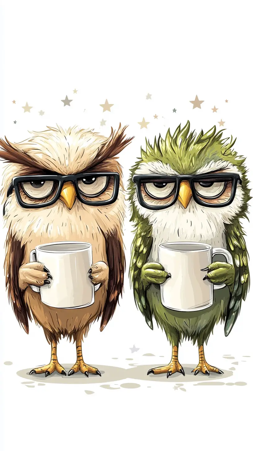 Two grumpy cartoon owls with glasses and coffee mugs