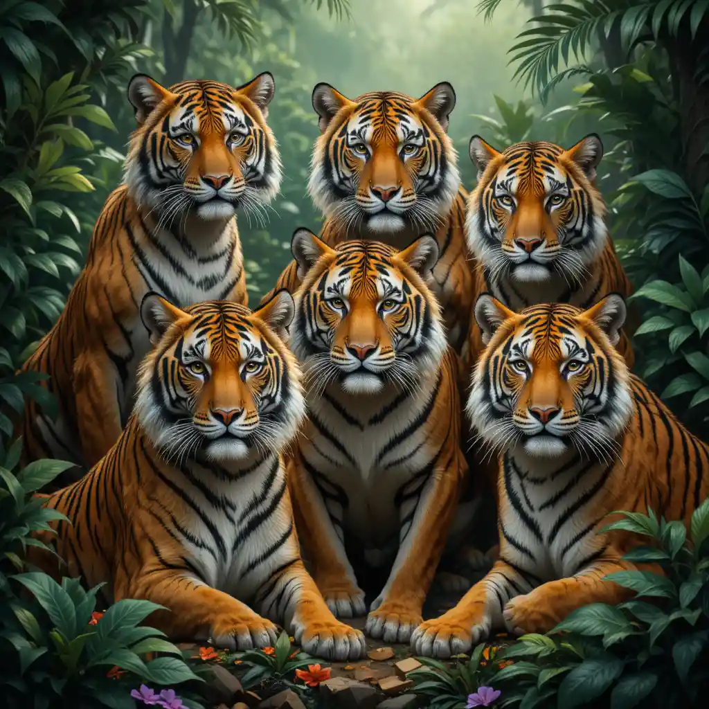 Majestic tigers gathered in a lush green jungle scene