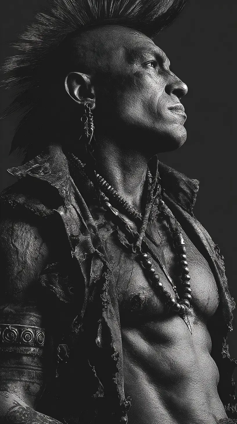 Proud muscular Apache warrior in monochrome punk noir style