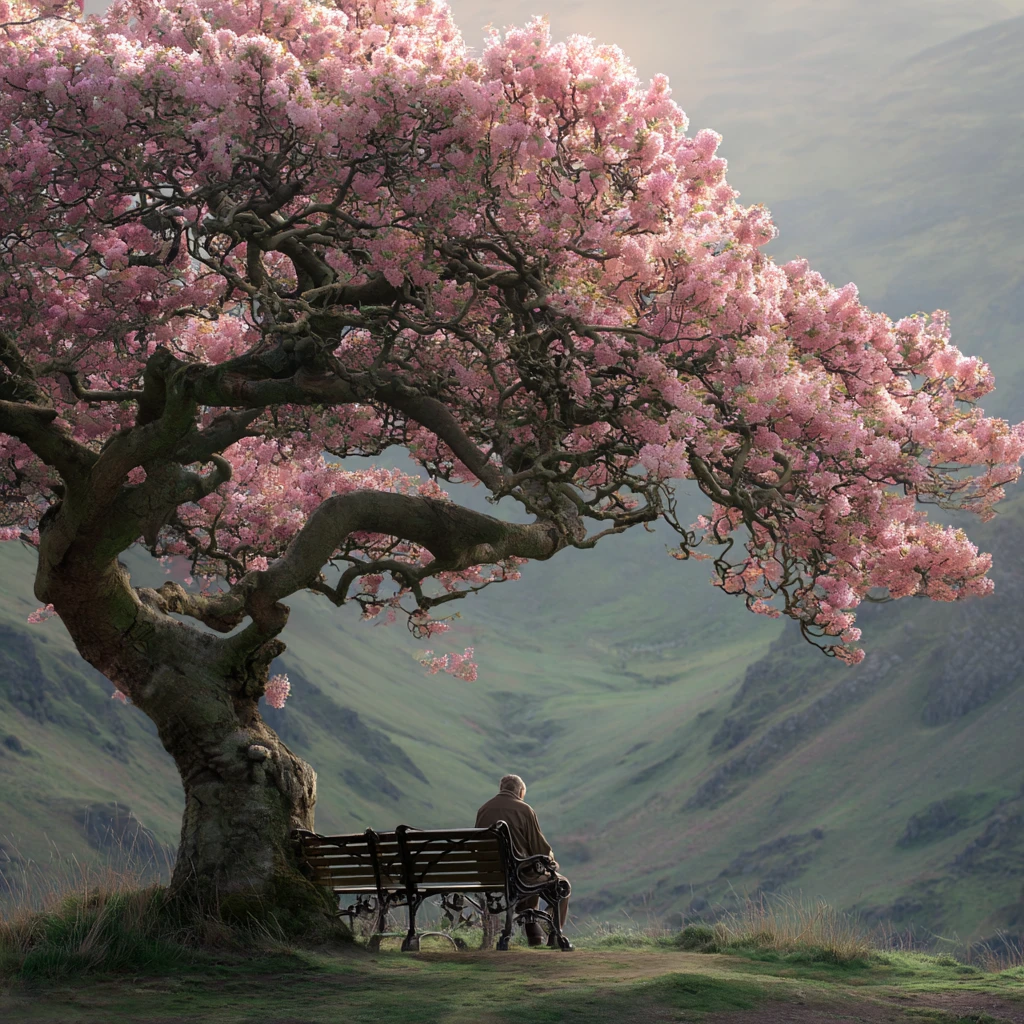 Elderly man on park bench beneath blossoming spring tree
