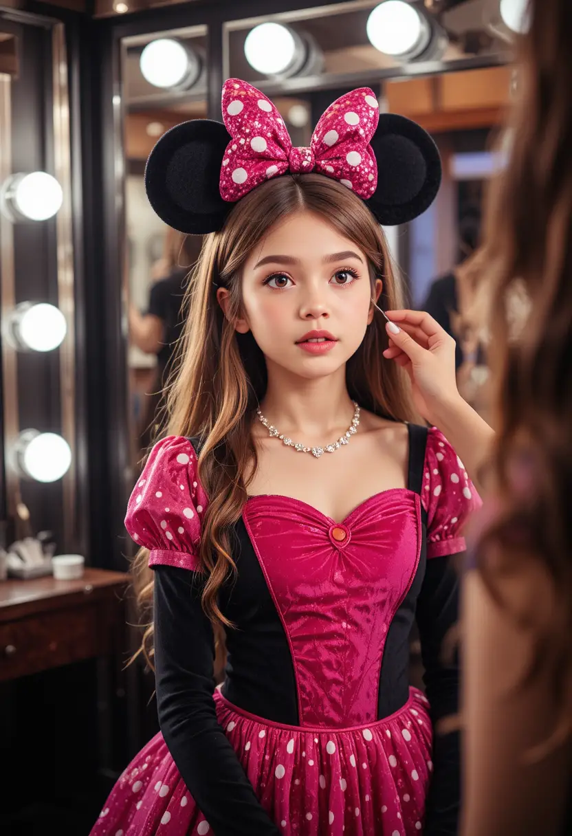 Young boy in Minnie dress transformed at makeup mirror