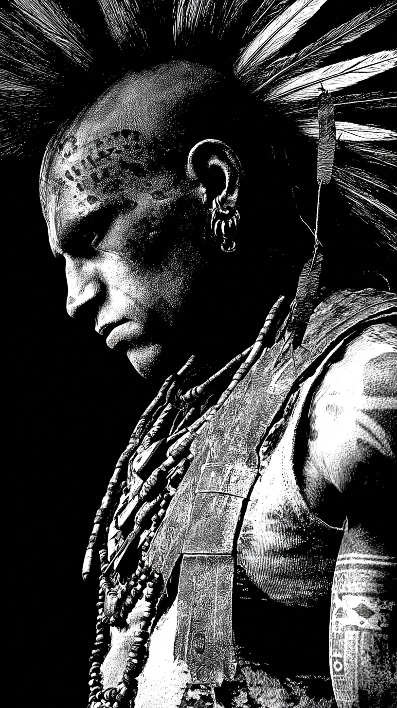 Proud Apache Warrior In Bold Monochrome Punk Noir Style