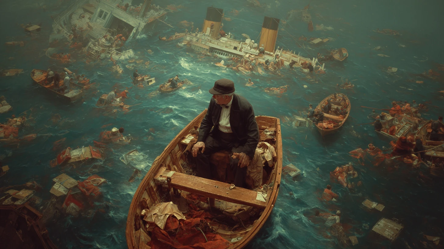 Transatlântico afundando visto de um bote salva-vidas lotado
