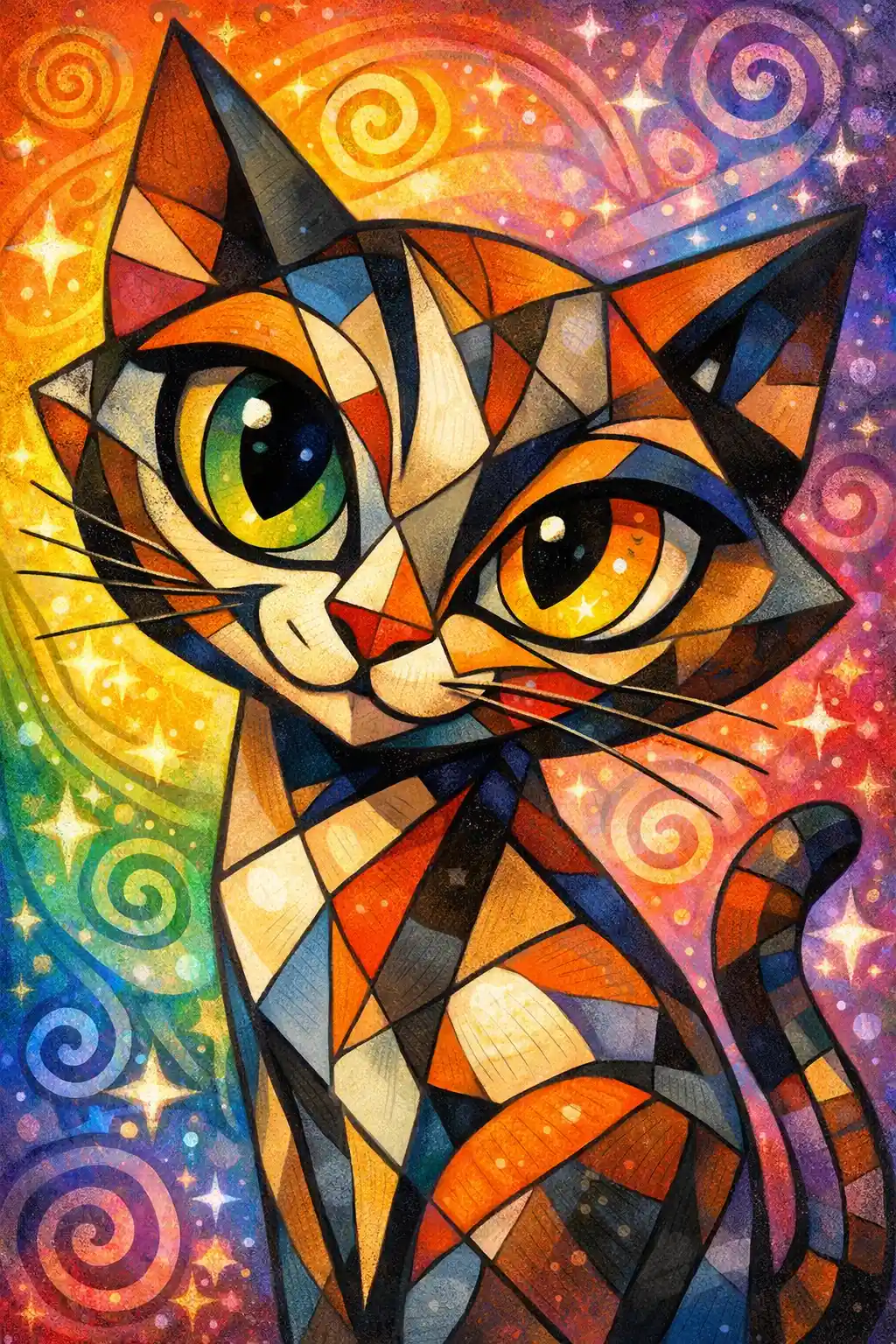 Cubist cartoon cat close up on rainbow psychedelic background