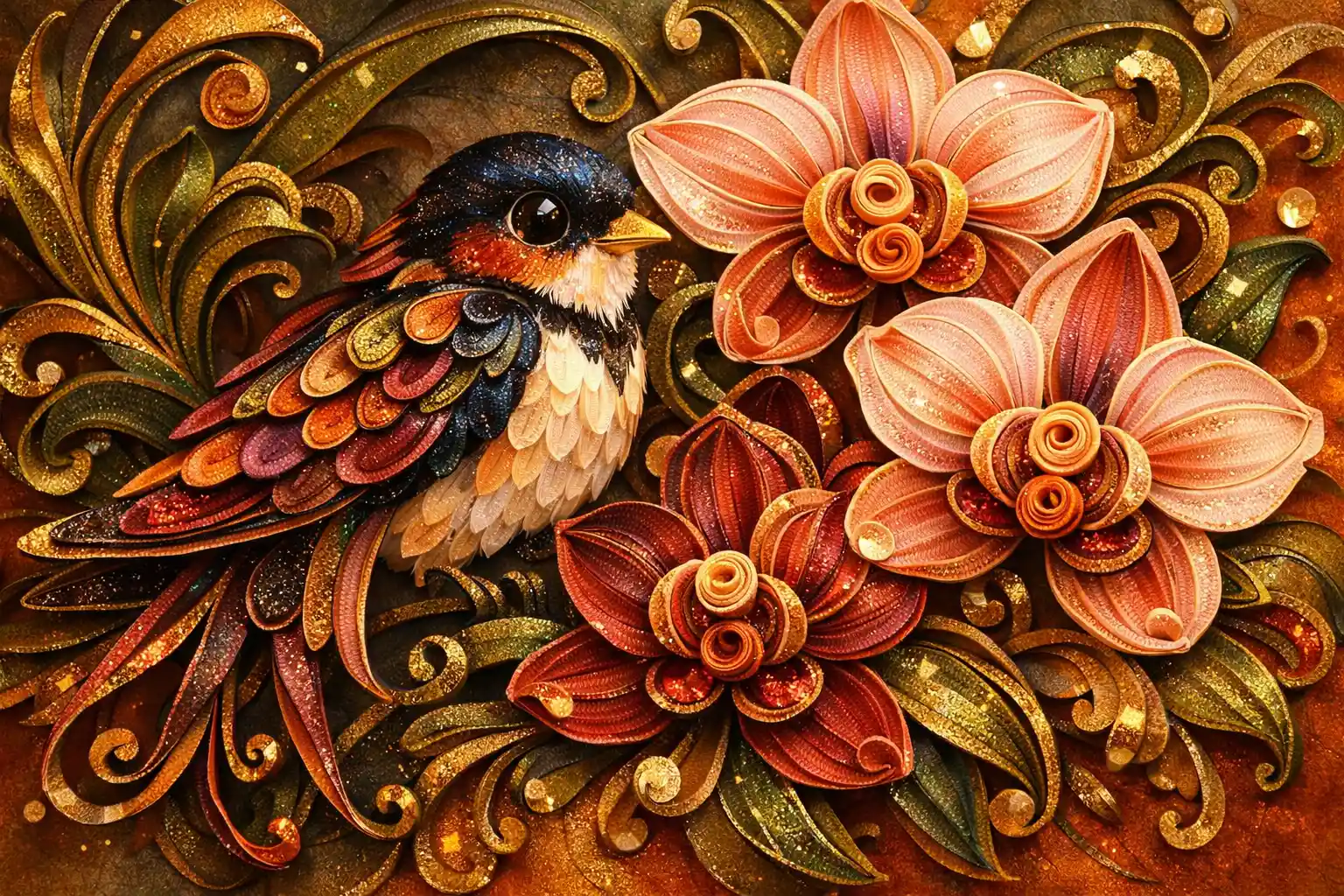 Whimsical paper quilling bird with orchids in rich warm colors